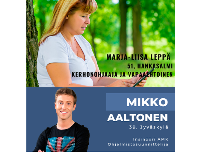 Kuvitteellisia käyttäjäprofiileja OmaKS.fi:n sosiaaliohjauksen asiakkaista: "Marja-Liisa", 59 vuotta sekä "Mikko", 39 vuotta.