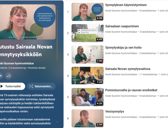 Kuvakaappaus "Tutustu Sairaala Novan synnytysyksikköön" Youtube-soittolistasta.